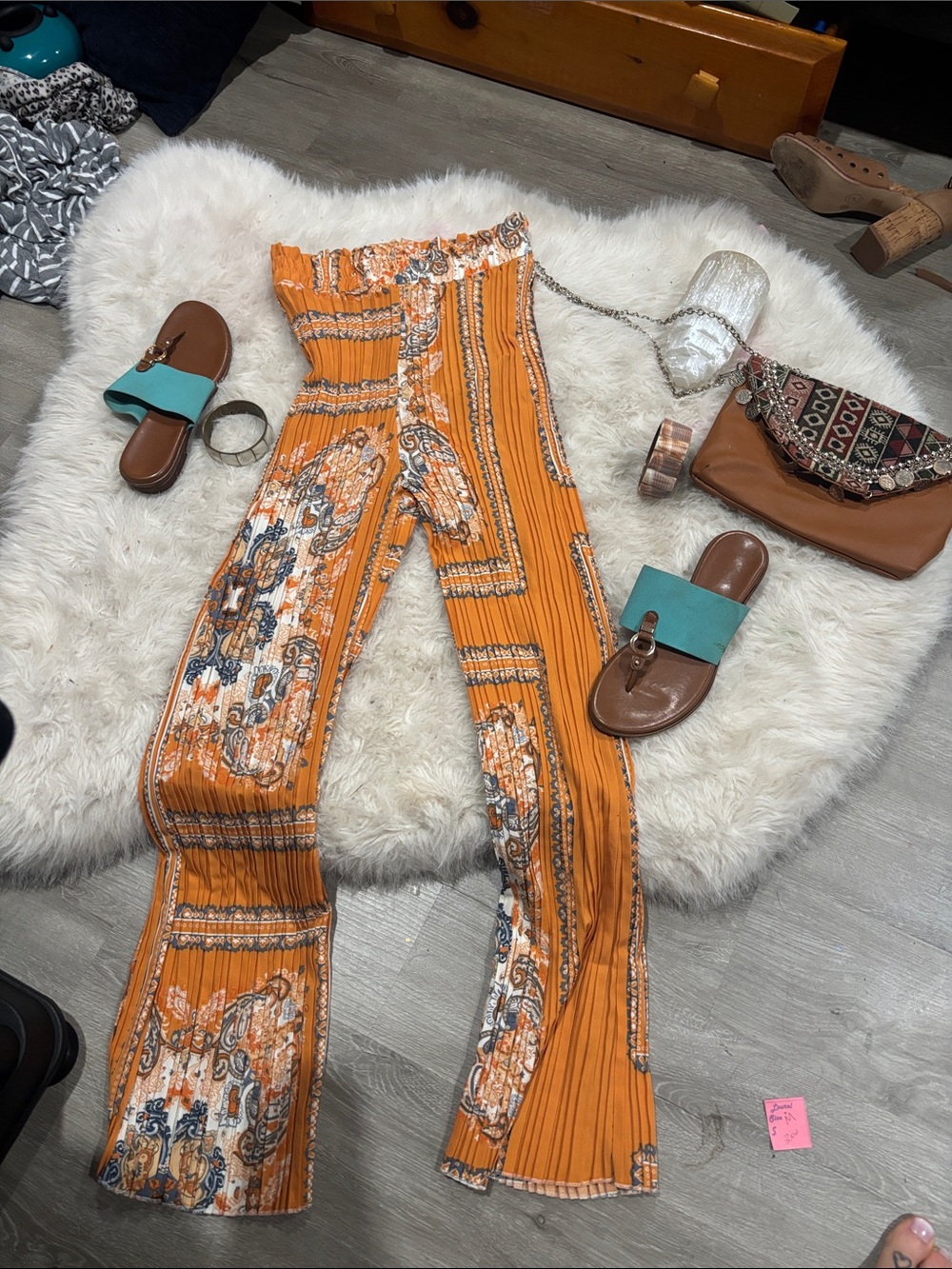 Boho Floral Stripe Wide-Leg Jumpsuit Pants — Orange